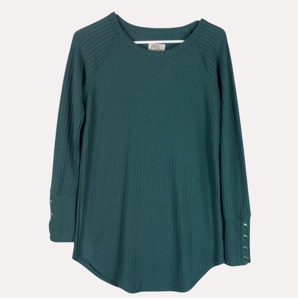 Chaser Waffle Knit Thermal Top Womens S Green Metal Button Cuff Granola Coastal